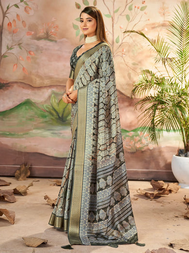 Wonderful Grey Printed Dola Silk Office Wear Saree With Blouse